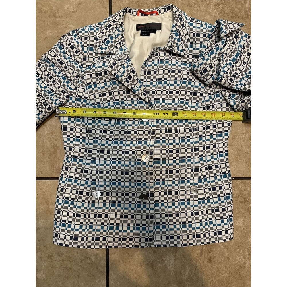 Nina Mclemore Women Blue,White Geometric Pattern Button Front Blazer Jacket Sz 2 - Picture 14 of 16